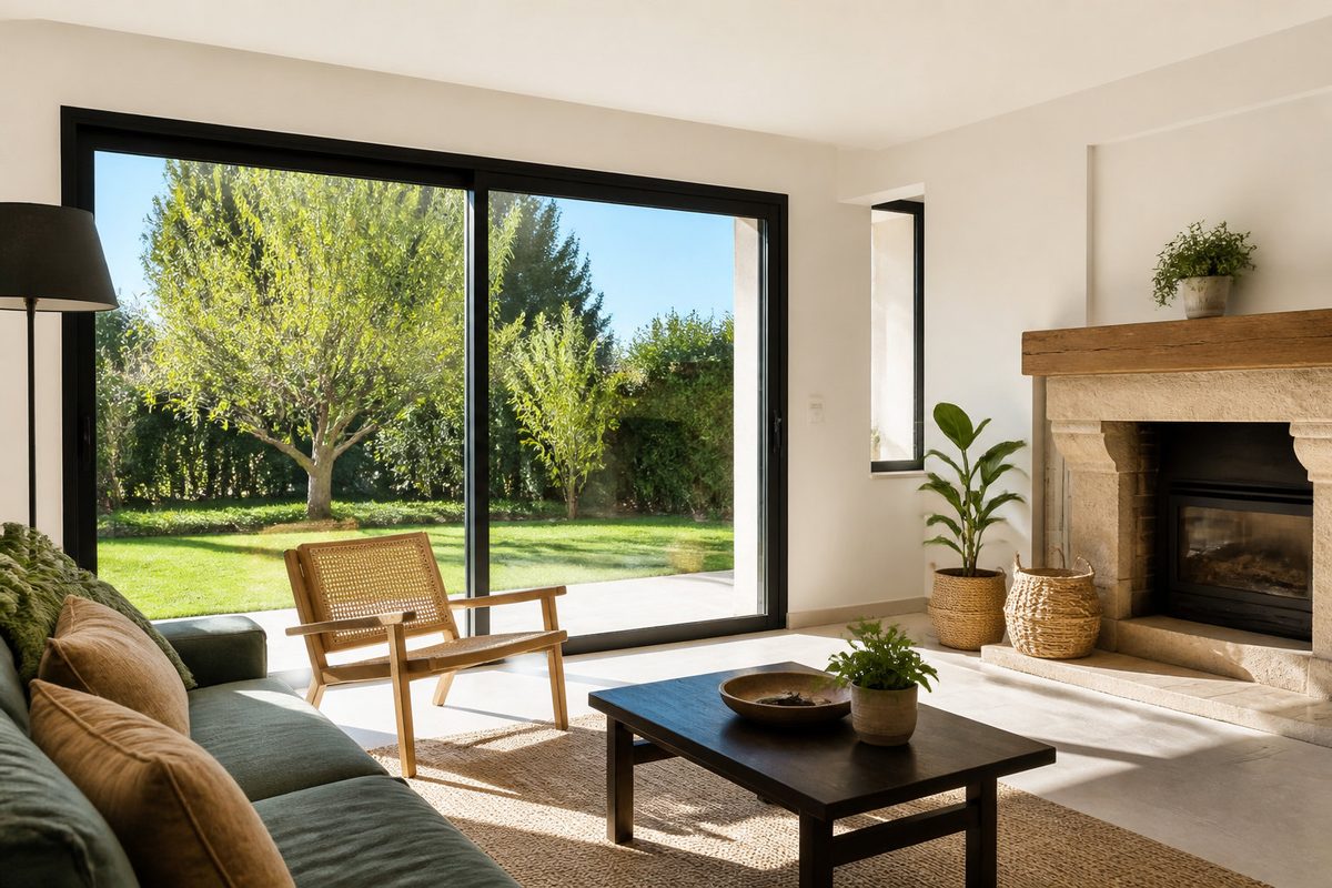 Wohnzimmer in HDR fotografiert: Der Garten bleibt hinter der Fensterfront erkennbar, während der Innenraum seine Details behält
