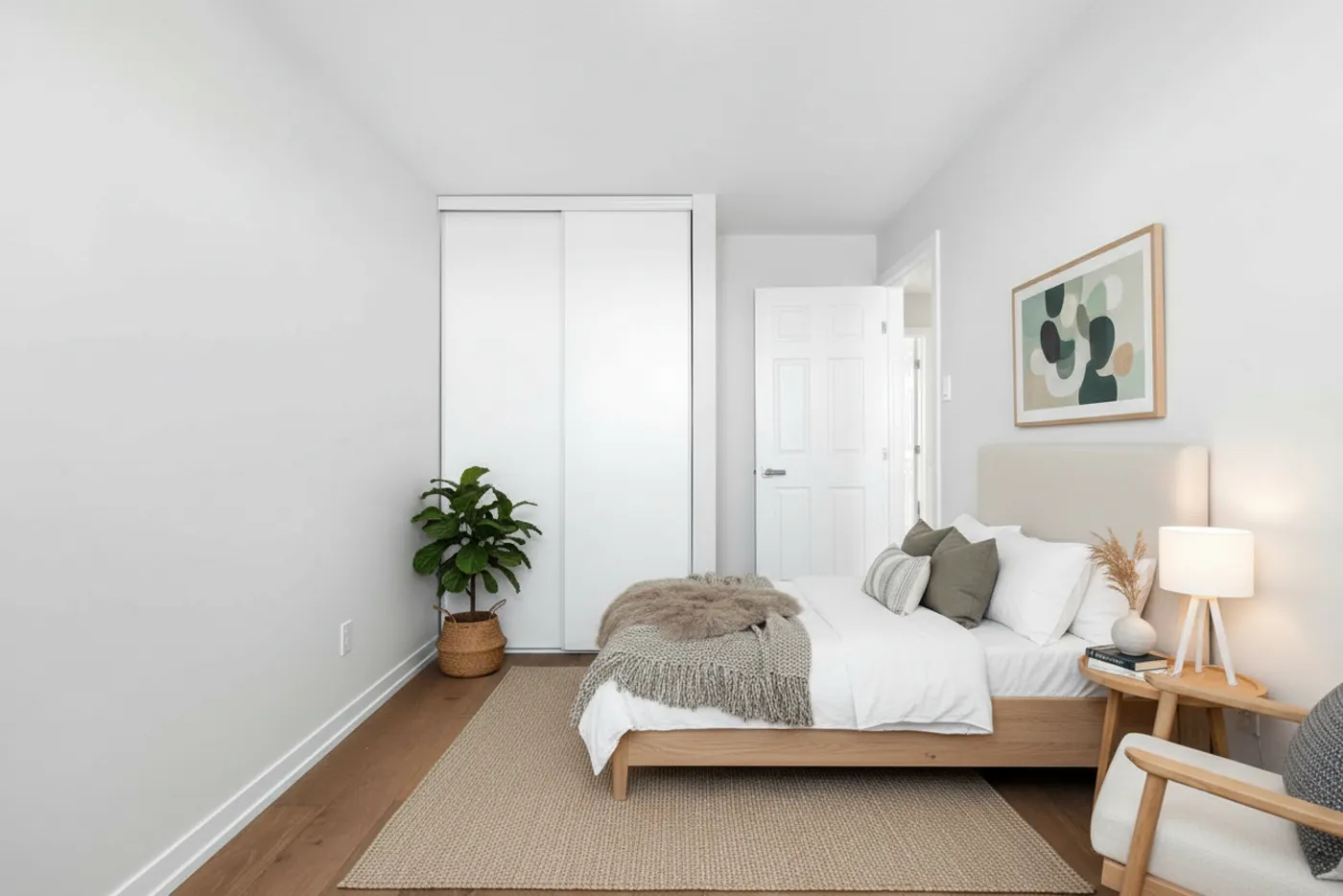 Dasselbe Schlafzimmer mit Bett und Teppich nach virtuellem Staging
