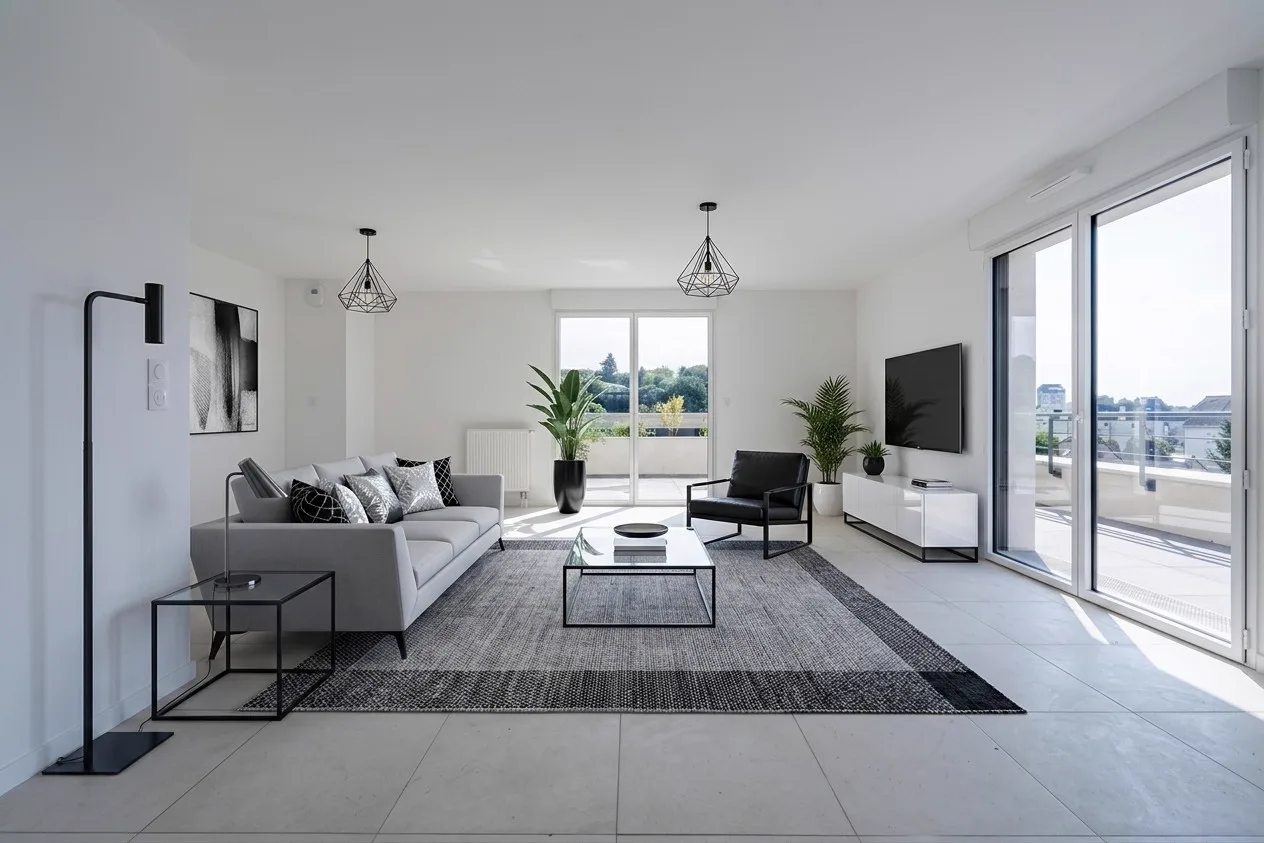 Dasselbe Wohnzimmer mit Sofa und Teppich nach virtuellem Staging